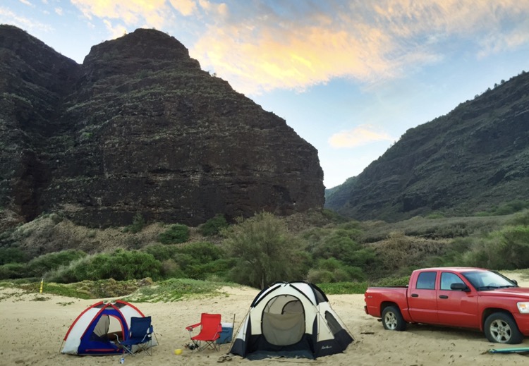 Balanced valley composition with a red vehicle and campsite